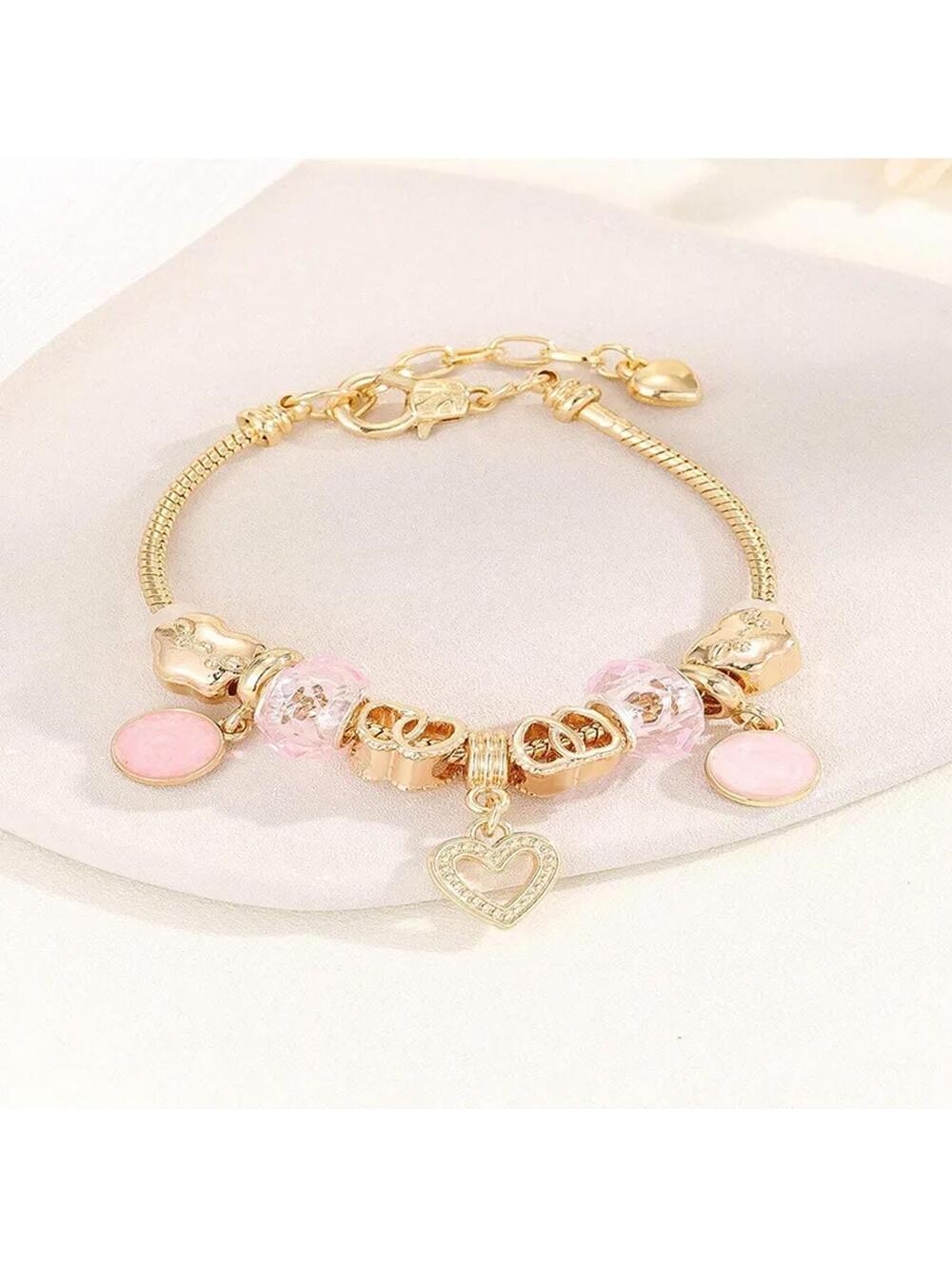 Pink double heart charm - Bracelet - Gold - CZs - 6.5 - 8"